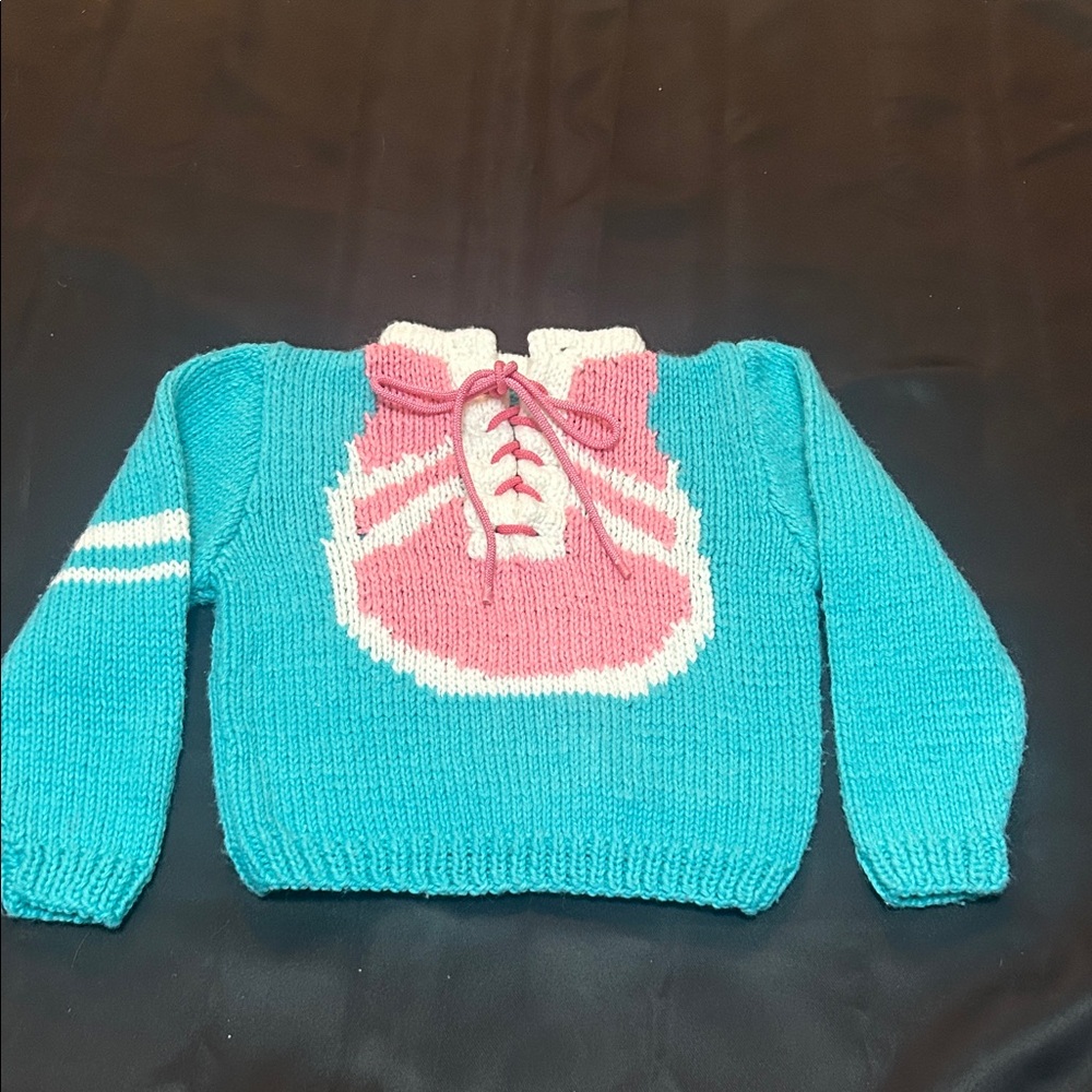 Vintage Hand Knit Sneaker Sweater Teal Pink Lace-Up Graphic Kids 12–18 Months